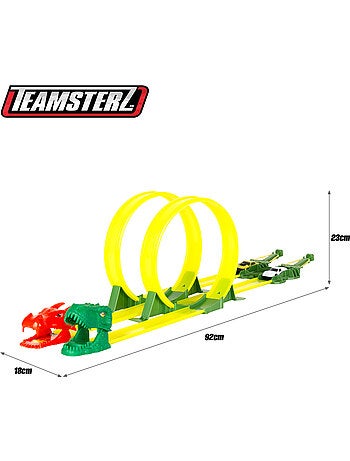 Pista de carros de dinossauro com lançador duplo e dois carros teamsterz