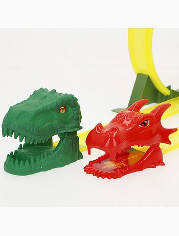 Pista de carros de dinossauro com lançador duplo e dois carros teamsterz