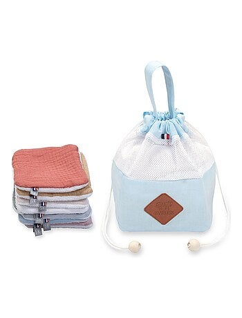 Pochon distribuidor com 8 toalhinhas laváveis em gaze de algodão | sevira kids