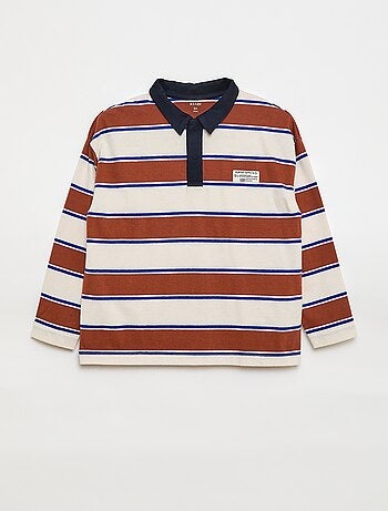 Polo às riscas em malha jersey de manga comprida