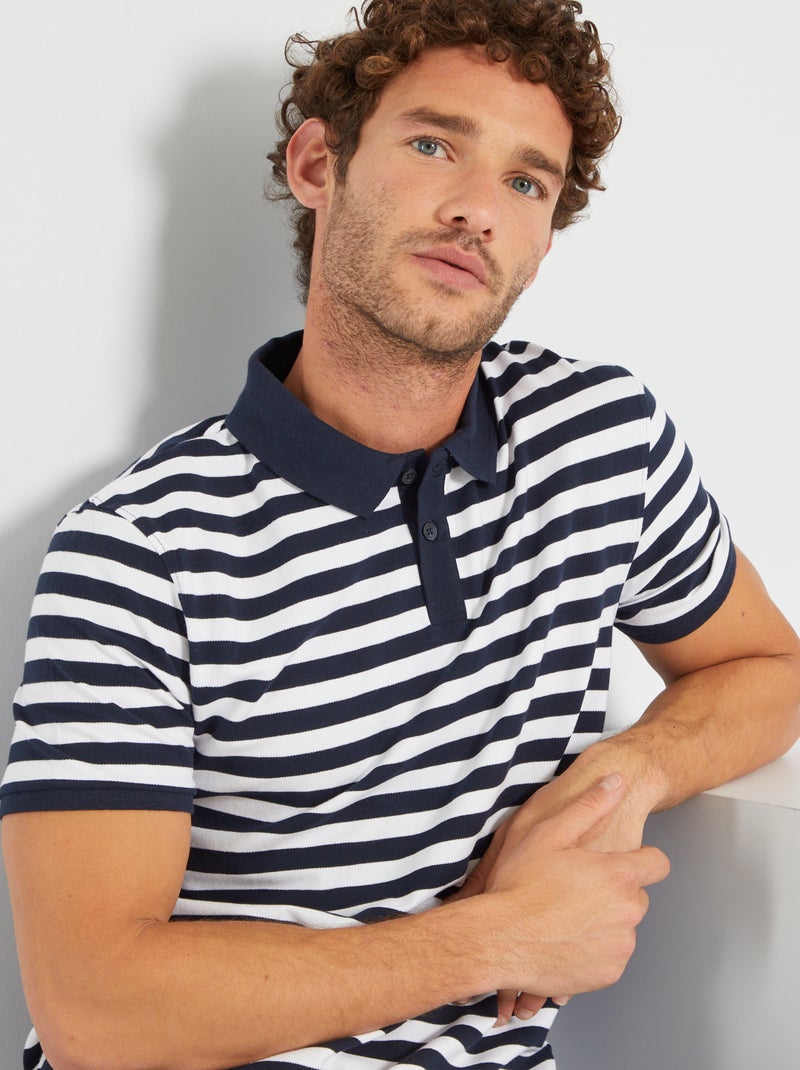 Polo às riscas em malha piqué AZUL - Kiabi
