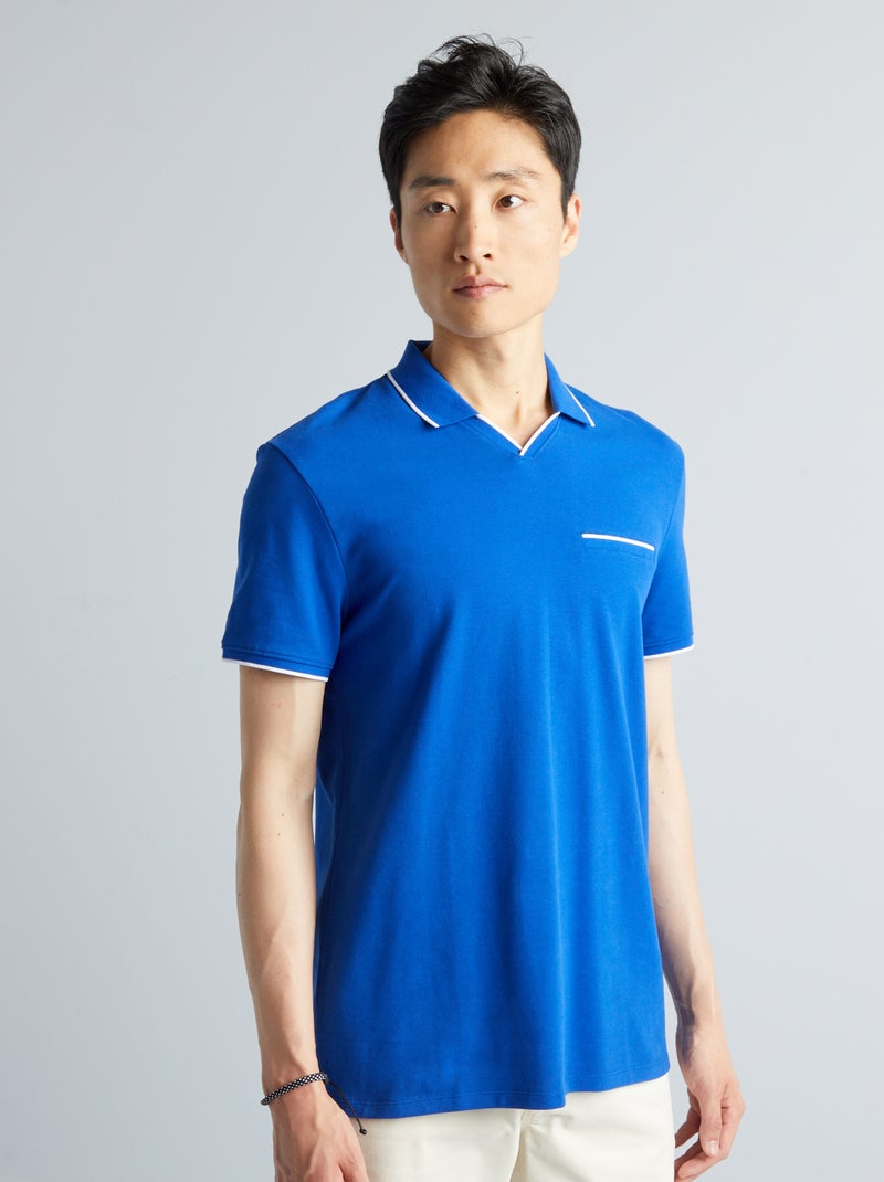 Polo com gola em bico em piqué de algodão Azul - Kiabi