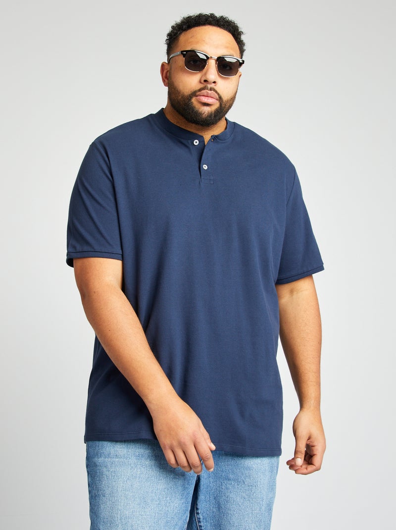 Polo com gola tunisina de manga curta Azul Preto - Kiabi