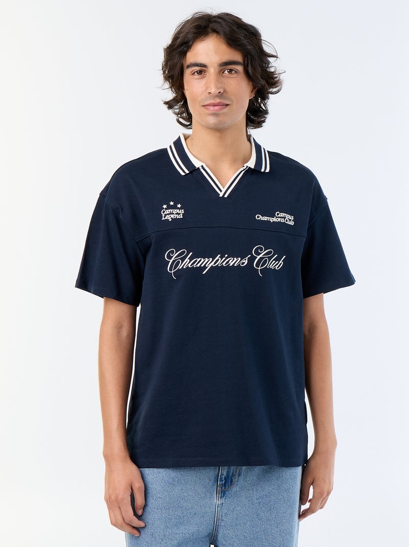 Polo com inscrições bordadas de manga curta Azul - Kiabi