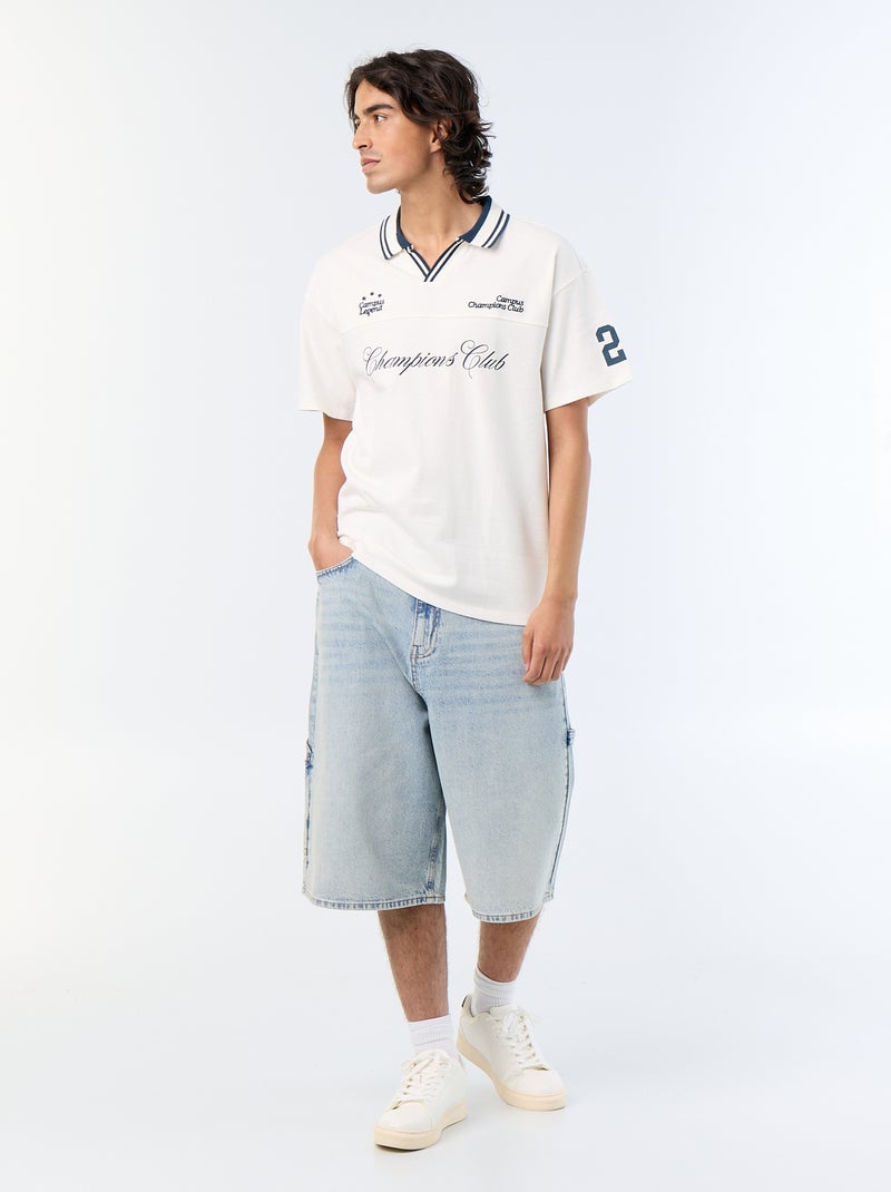 Polo com inscrições bordadas de manga curta Branco - Kiabi