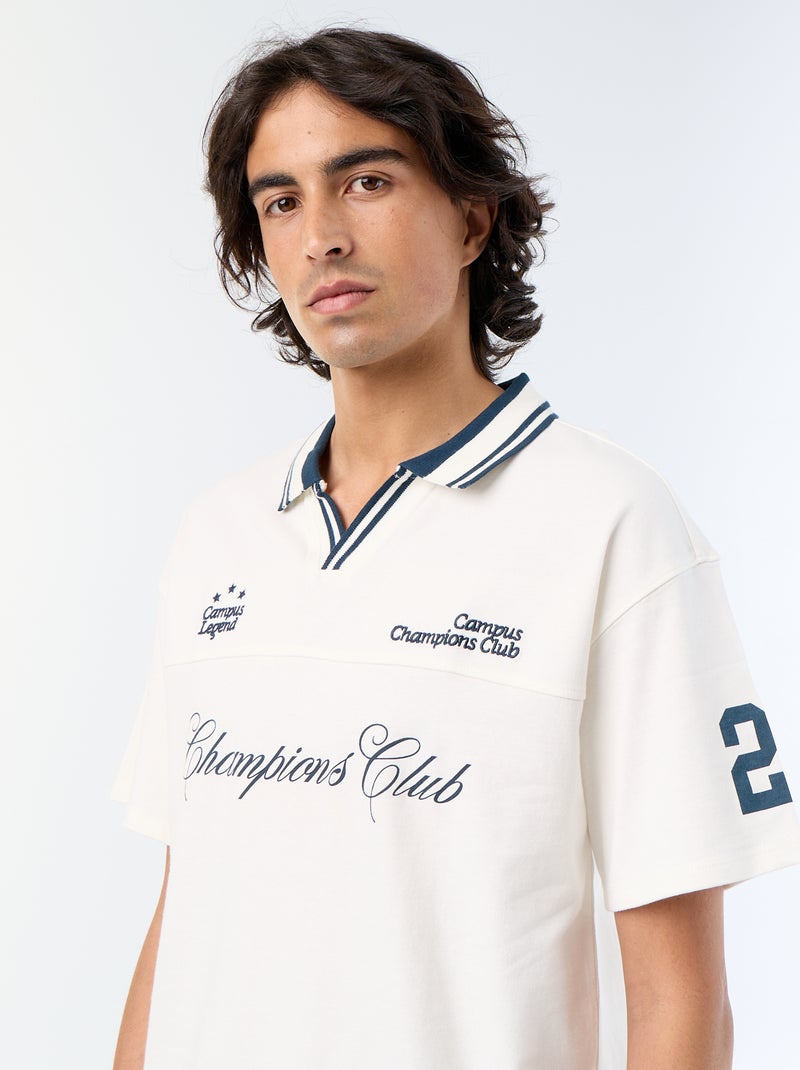 Polo com inscrições bordadas de manga curta Branco - Kiabi