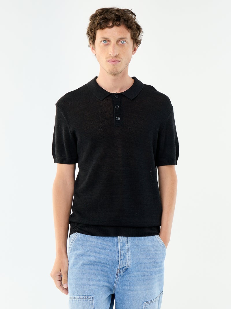 Polo de manga curta em malha perfurada Preto - Kiabi