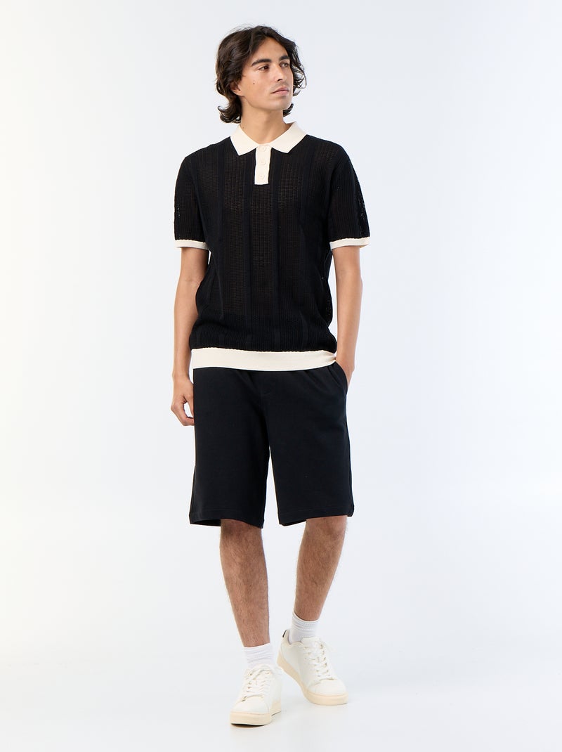 Polo de manga curta em malha rendada Preto - Kiabi