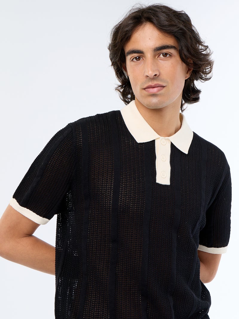 Polo de manga curta em malha rendada Preto - Kiabi