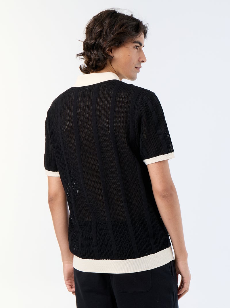 Polo de manga curta em malha rendada Preto - Kiabi