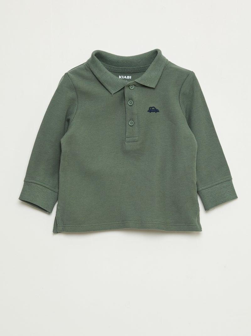 Polo em algodão piqué de mangas compridas Verde - Kiabi