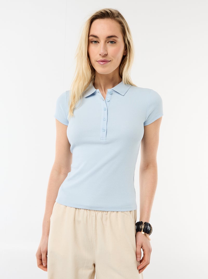 Polo em malha canelada com mangas curtas Azul - Kiabi