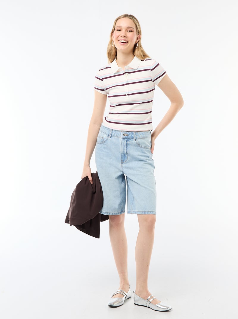 Polo em malha canelada com mangas curtas Branco - Kiabi