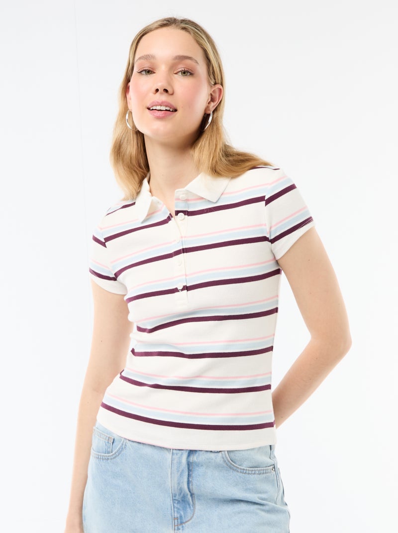 Polo em malha canelada com mangas curtas Branco - Kiabi