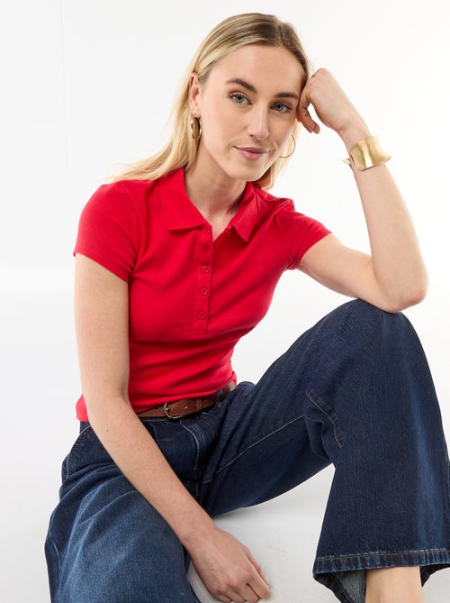 Polo em malha canelada com mangas curtas - Kiabi