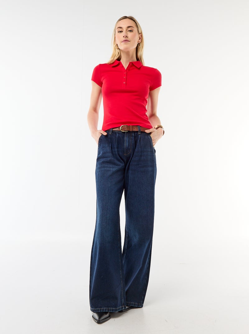 Polo em malha canelada com mangas curtas Vermelho - Kiabi