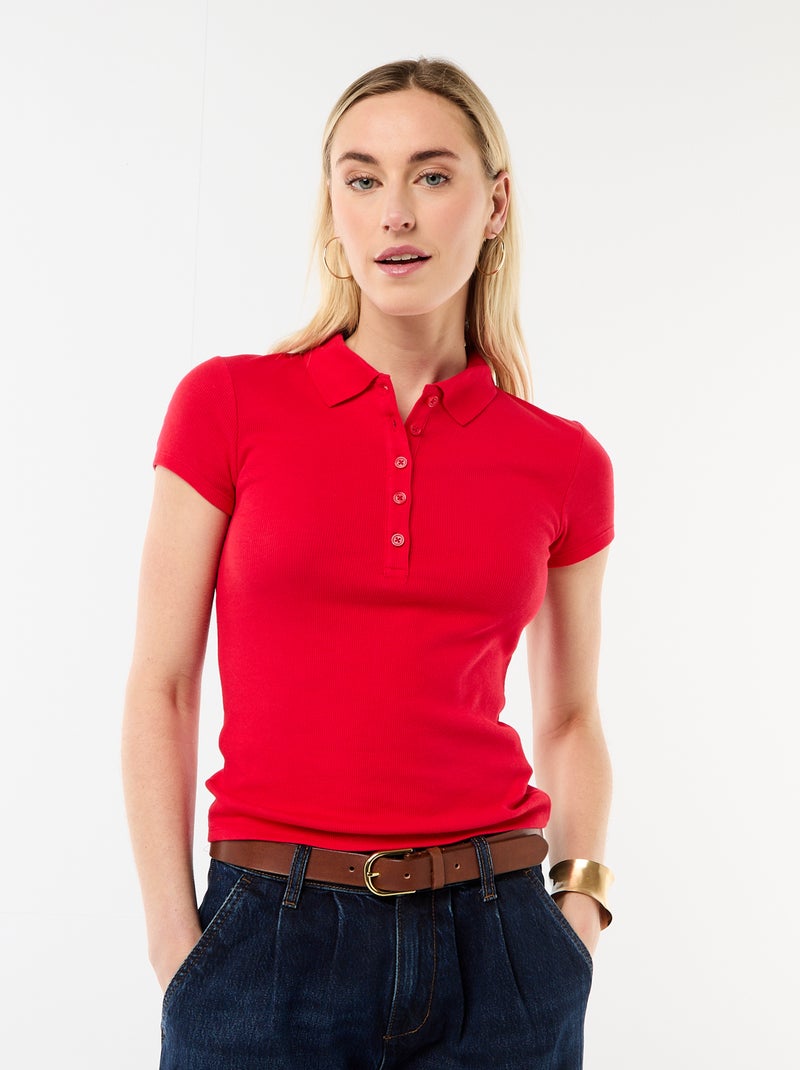 Polo em malha canelada com mangas curtas Vermelho - Kiabi