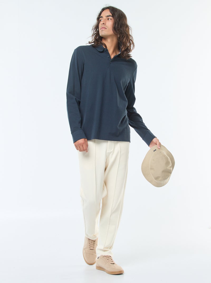 Pólo em malha piqué de manga comprida liso Azul - Kiabi