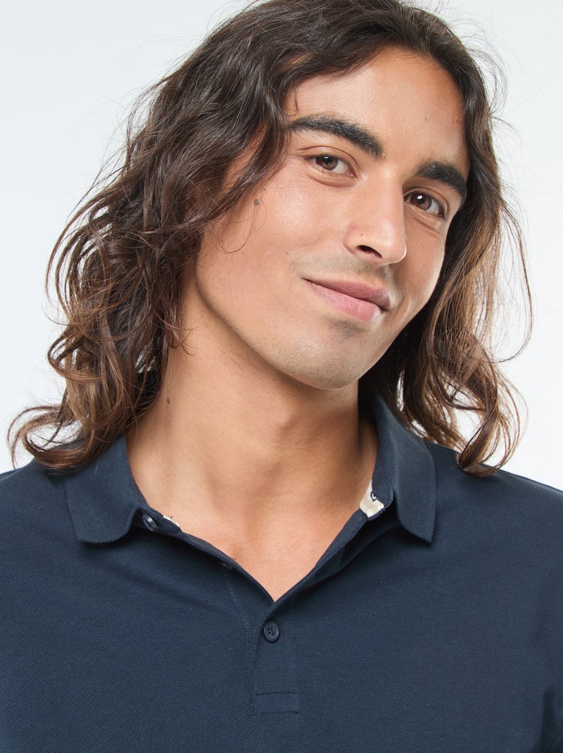 Pólo em malha piqué de manga comprida liso Azul - Kiabi