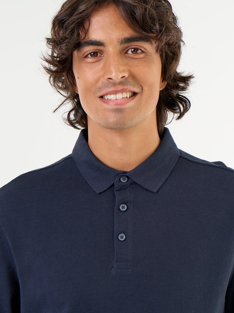 Polo em malha piqué de mangas compridas Azul - Kiabi