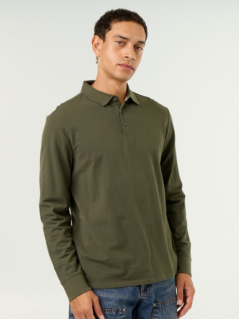 Polo em malha piqué de mangas compridas Verde - Kiabi
