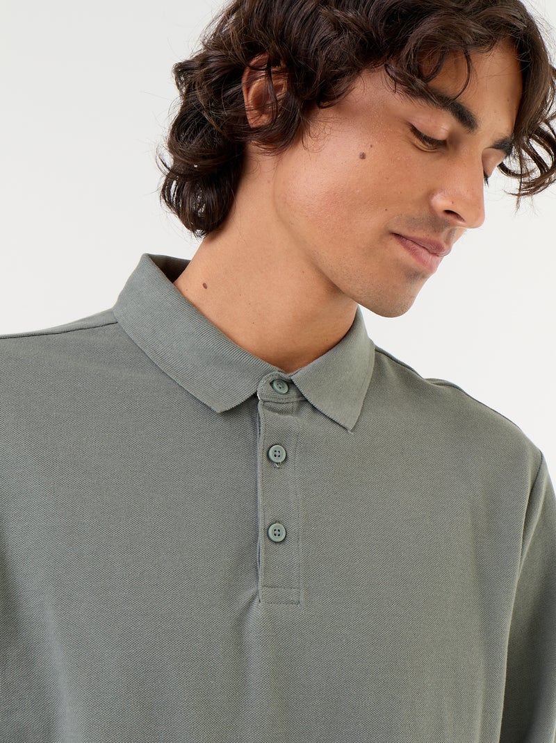 Polo em malha piqué de mangas compridas Verde - Kiabi