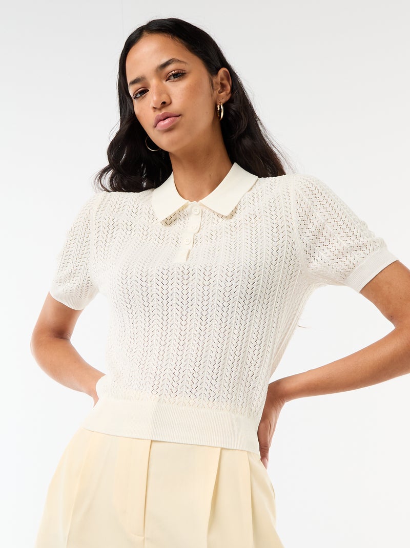 Polo em malha rendada com mangas curtas Branco - Kiabi