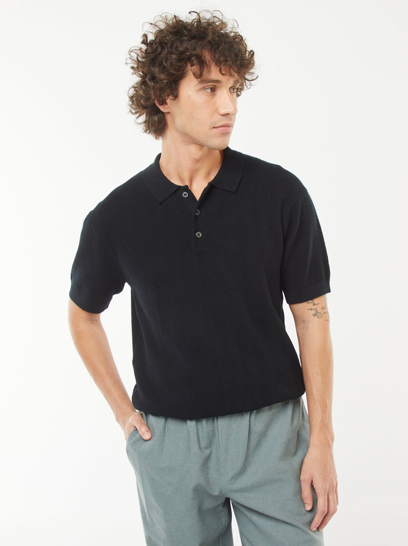 Polo em malha tricô de manga curta Preto - Kiabi