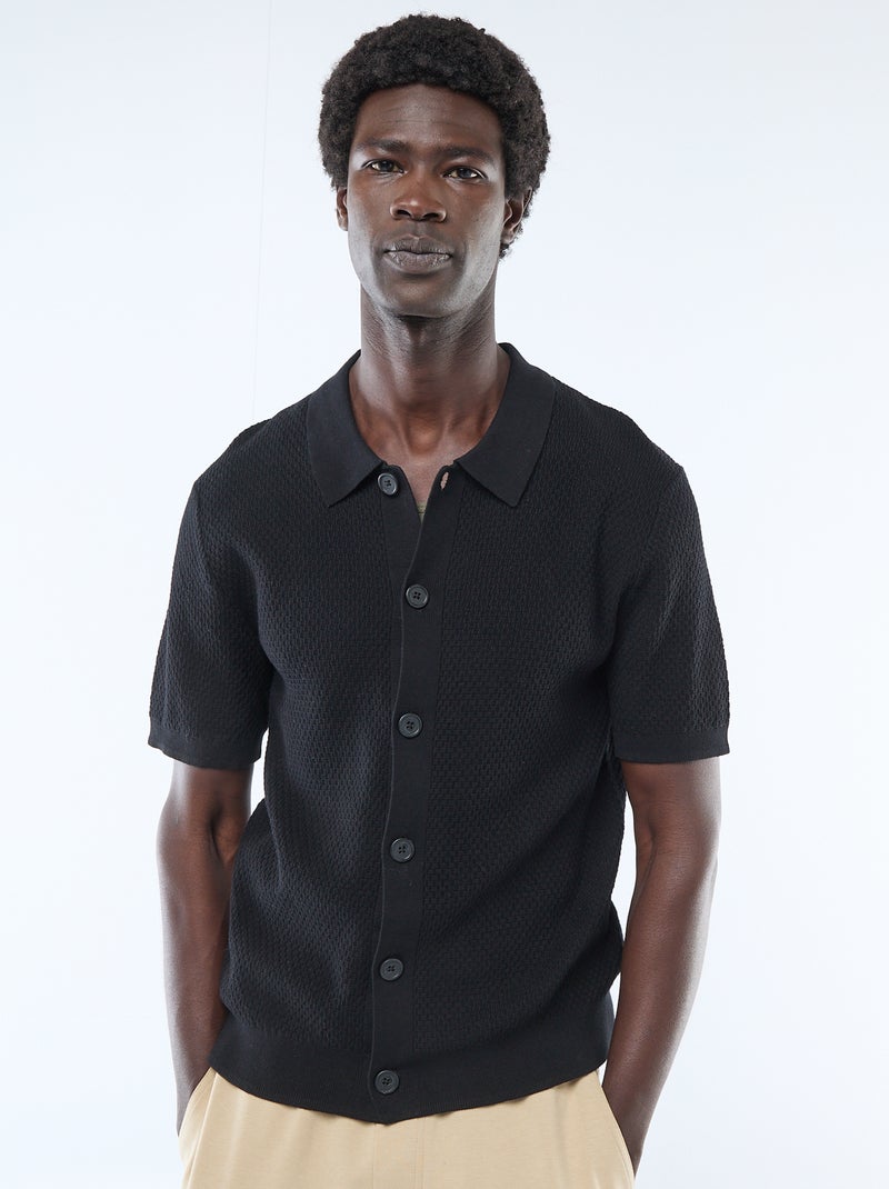 Polo em malha waffle Preto - Kiabi