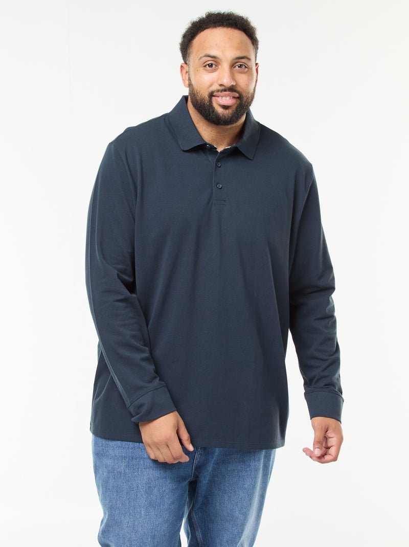 Polo em piqué de algodão com mangas compridas Azul - Kiabi