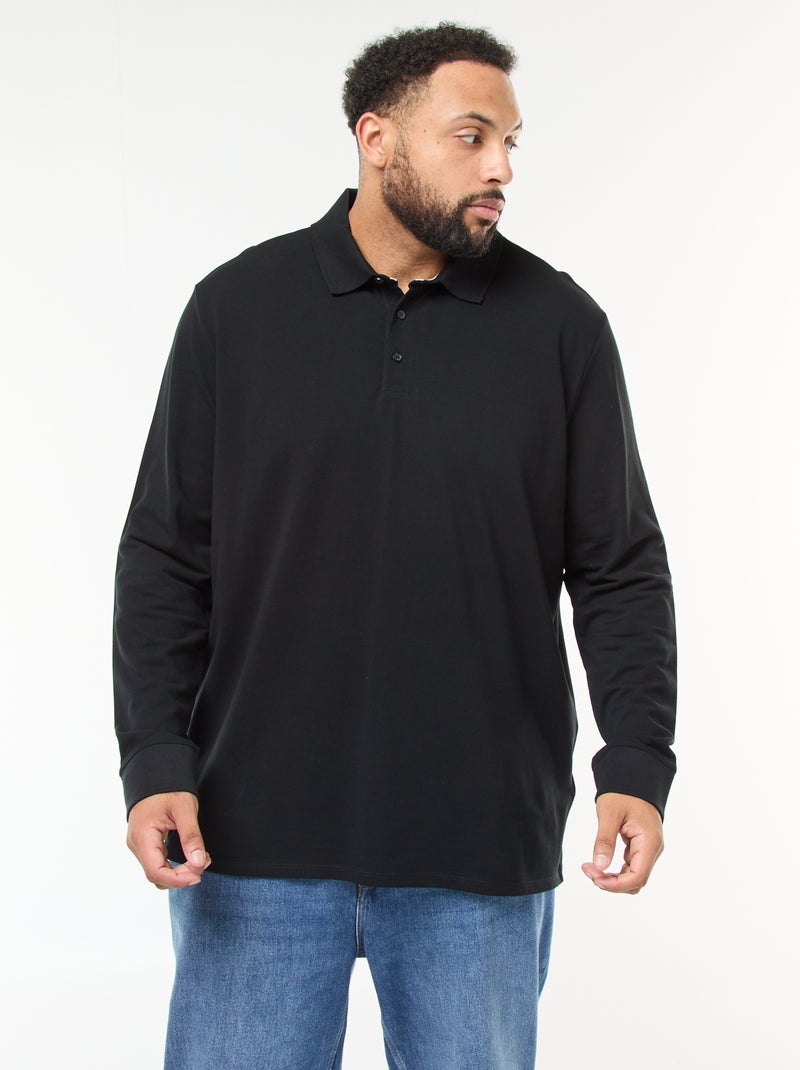 Polo em piqué de algodão de manga comprida Preto - Kiabi