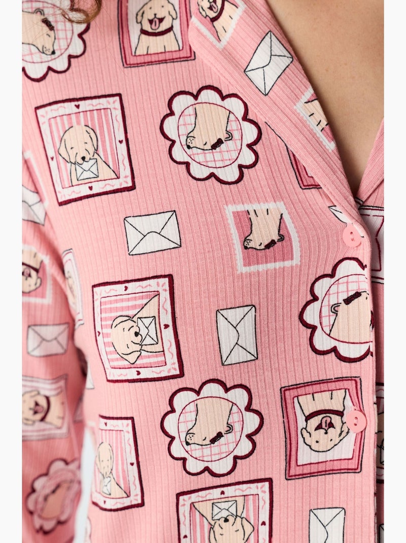 Postcard conjunto de pijama camisa e calça canelado de manga comprida penti Rosa - Kiabi