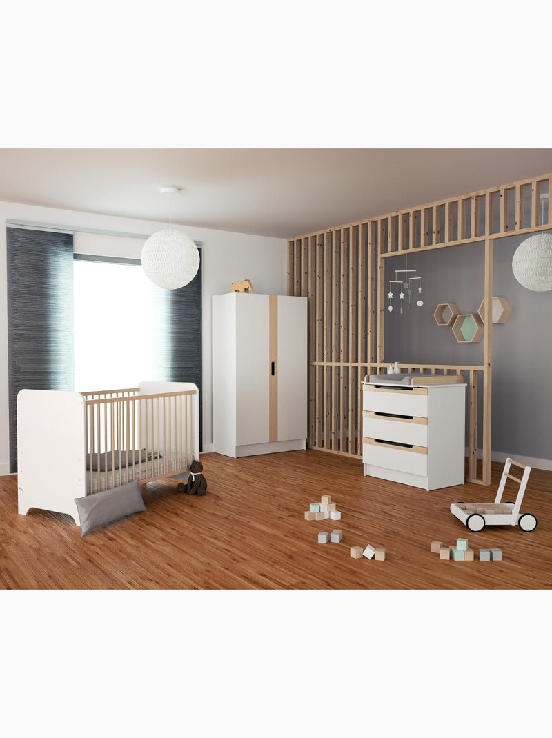 Quarto de bebé com cama, fraldário e roupeiro carrousel de madeira Bege/Branco - Kiabi