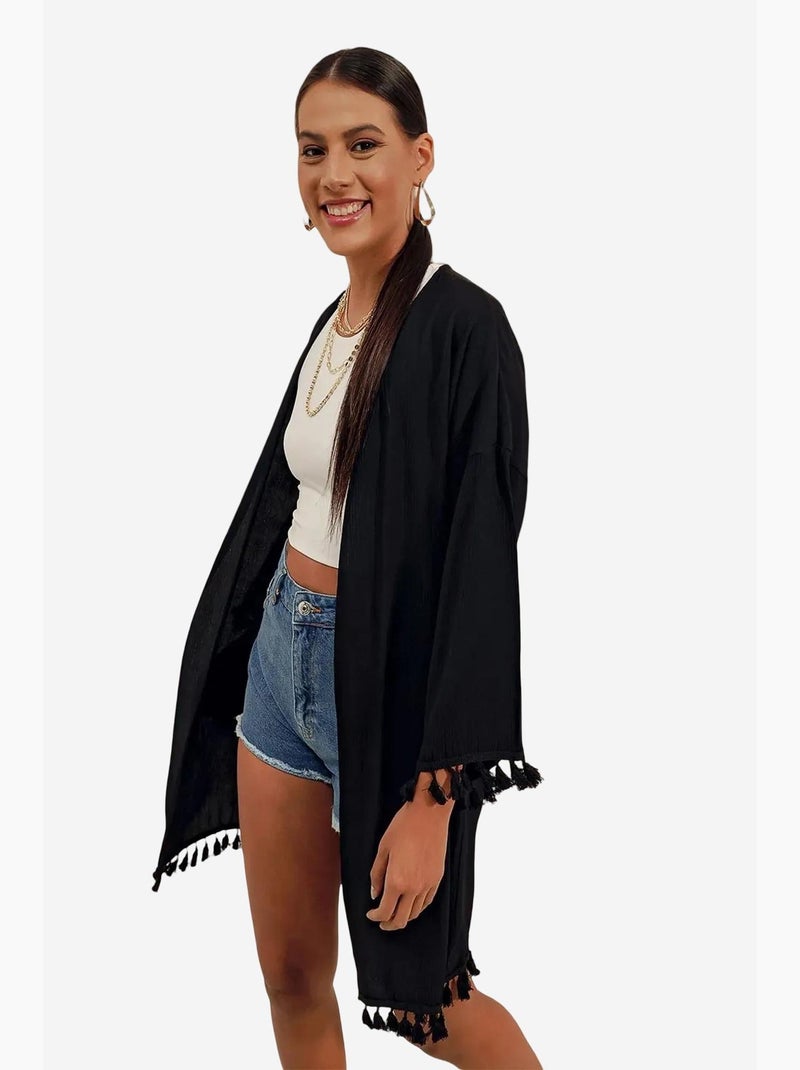 Quimono de praia midi com detalhe de pompons bdart Preto - Kiabi