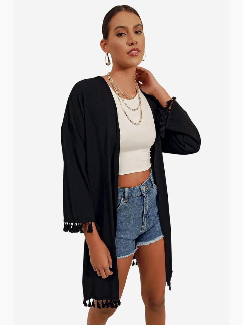 Quimono de praia midi com detalhe de pompons bdart Preto - Kiabi