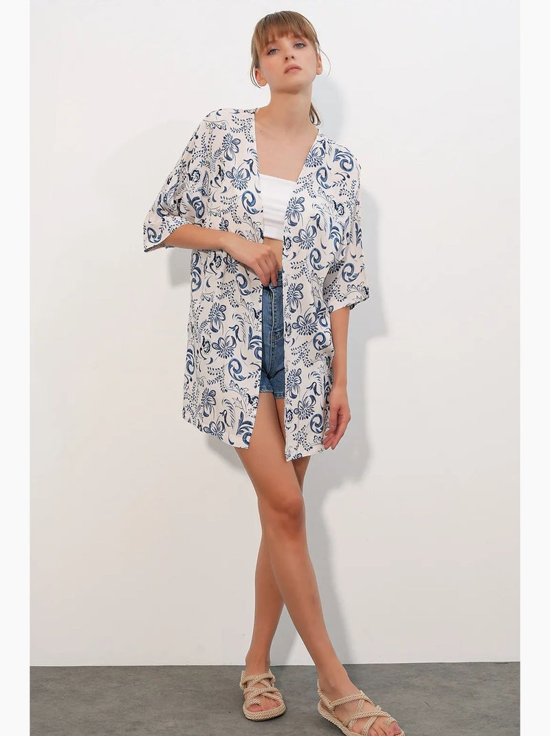 Quimono longo estampado em viscose bdart Branco Azul - Kiabi