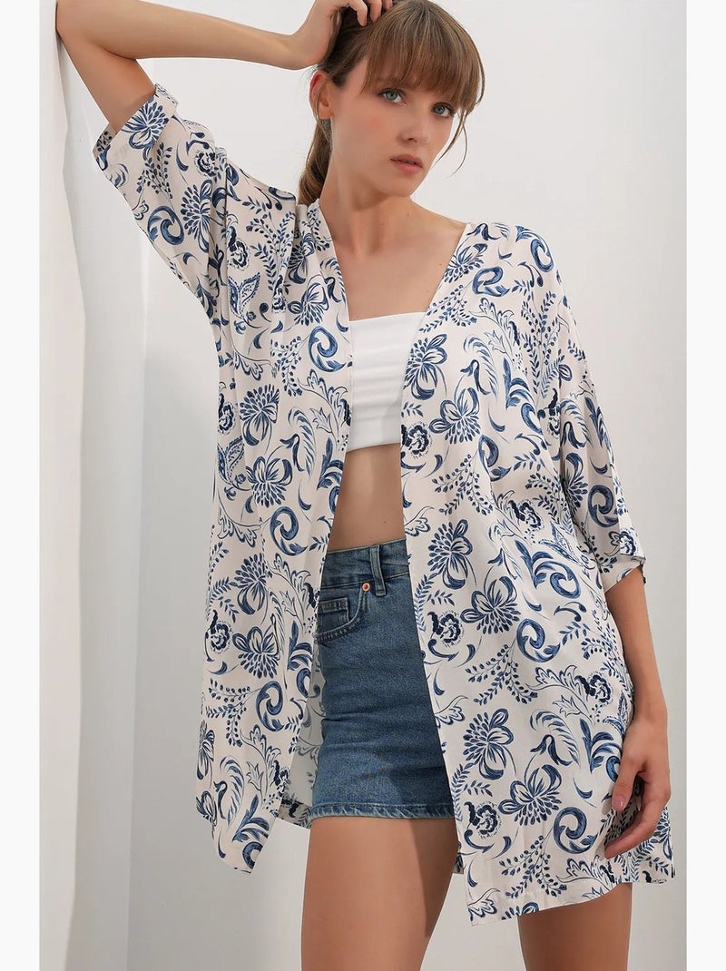 Quimono longo estampado em viscose bdart Branco Azul - Kiabi