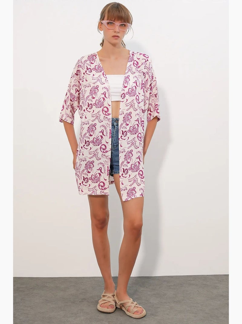 Quimono longo estampado em viscose bdart Branco Rosa - Kiabi