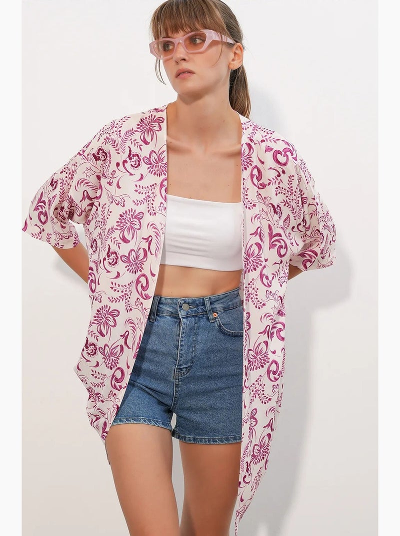 Quimono longo estampado em viscose bdart Branco Rosa - Kiabi