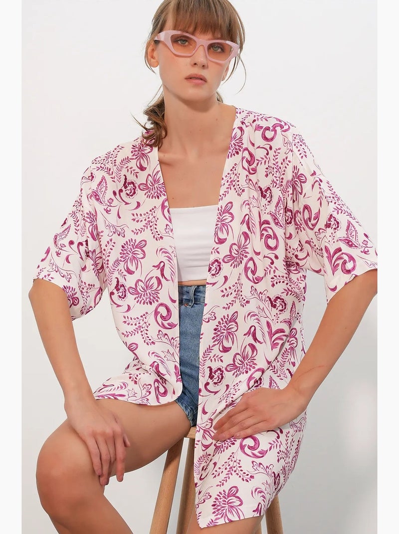 Quimono longo estampado em viscose bdart Branco Rosa - Kiabi