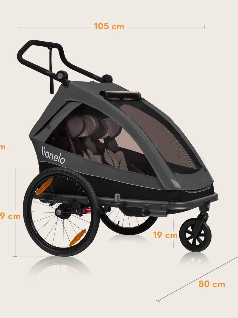 Reboque de bicicleta 2em1 LIONELO Cama - Carrinho todo-o-terreno - 2 crianças - Até 6 anos Cinza-cinza - Kiabi