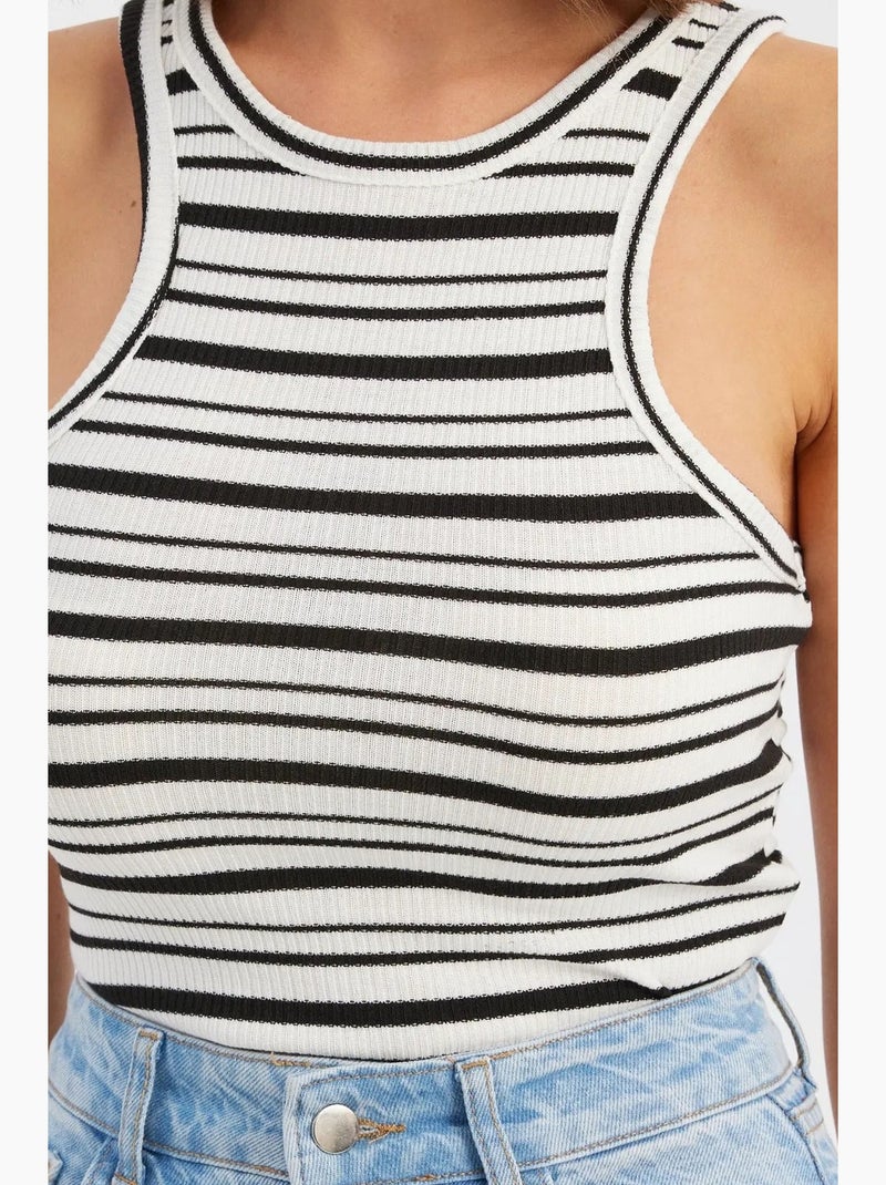 Regata de tecido às riscas com decote halter hiccup Bege natural - Kiabi