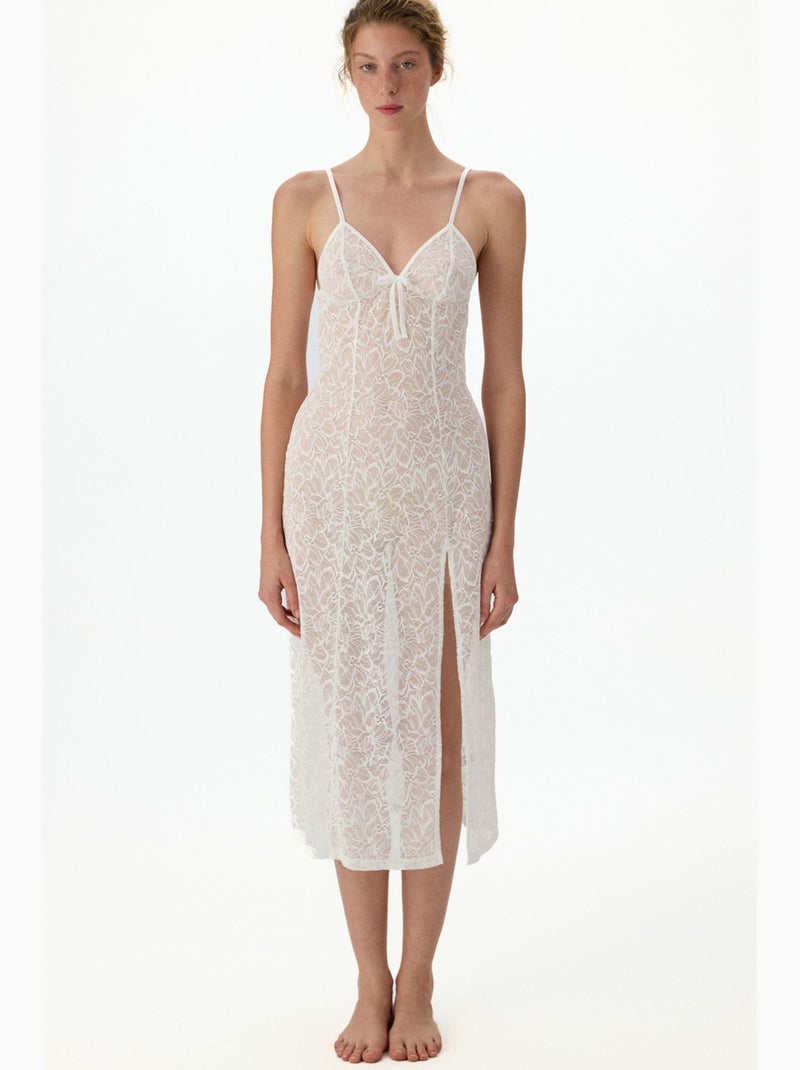 Robe bridal delicado em renda com manga longa enrugado penti Branco - Kiabi