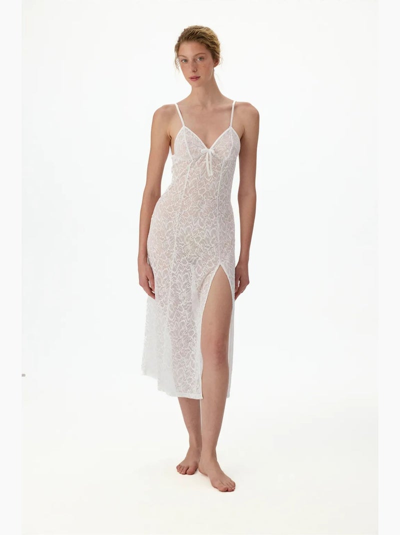 Robe bridal delicado em renda com manga longa enrugado penti Branco - Kiabi