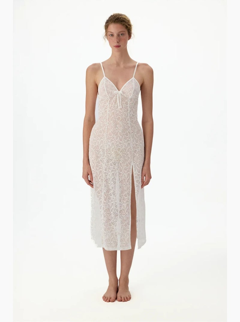 Robe bridal delicado em renda com manga longa enrugado penti Branco - Kiabi