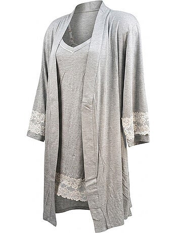 Roupão Kimono Mulher Renda Floral Viscose Loungewear 2 Peças OZABI