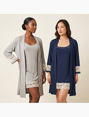 Roupão Kimono Mulher Renda Floral Viscose Loungewear 2 Peças OZABI