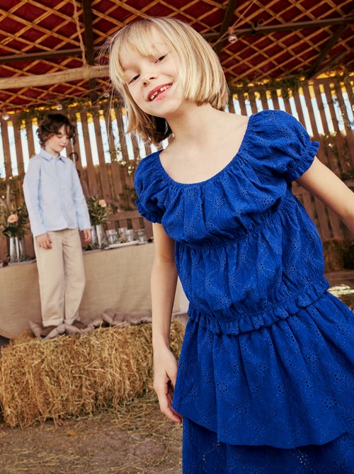 Saia com bordado inglês e folhos - Kiabi