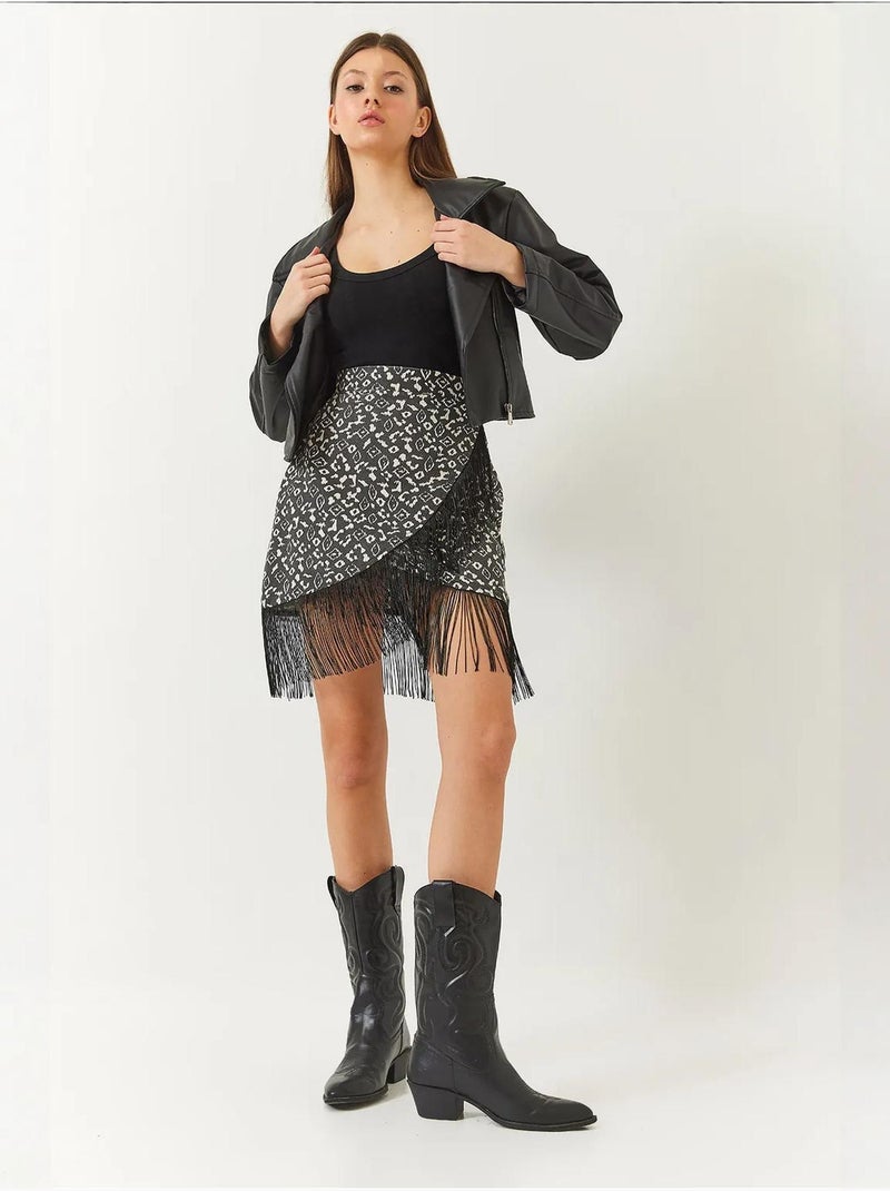 Saia com franjas estampadas e detalhe cruzado lucci Cinza escuro - Kiabi