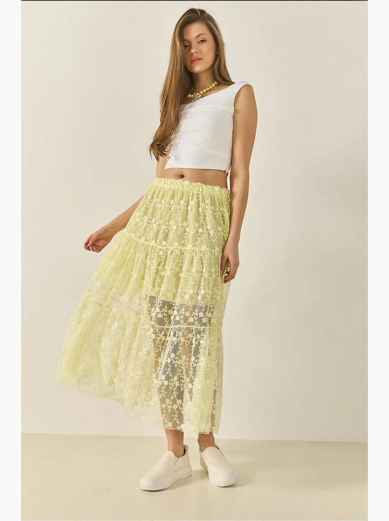 Saia comprida de cintura subida com folhos e renda floral lucci Amarelo-limão - Kiabi
